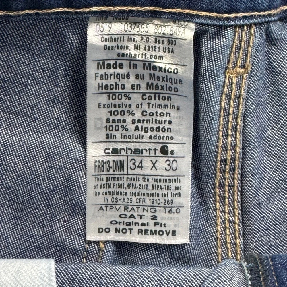 Carhartt FRB13-DNM Mens Flame Resistant Denim Carpenter Jeans Blue 34x30 CAT 2